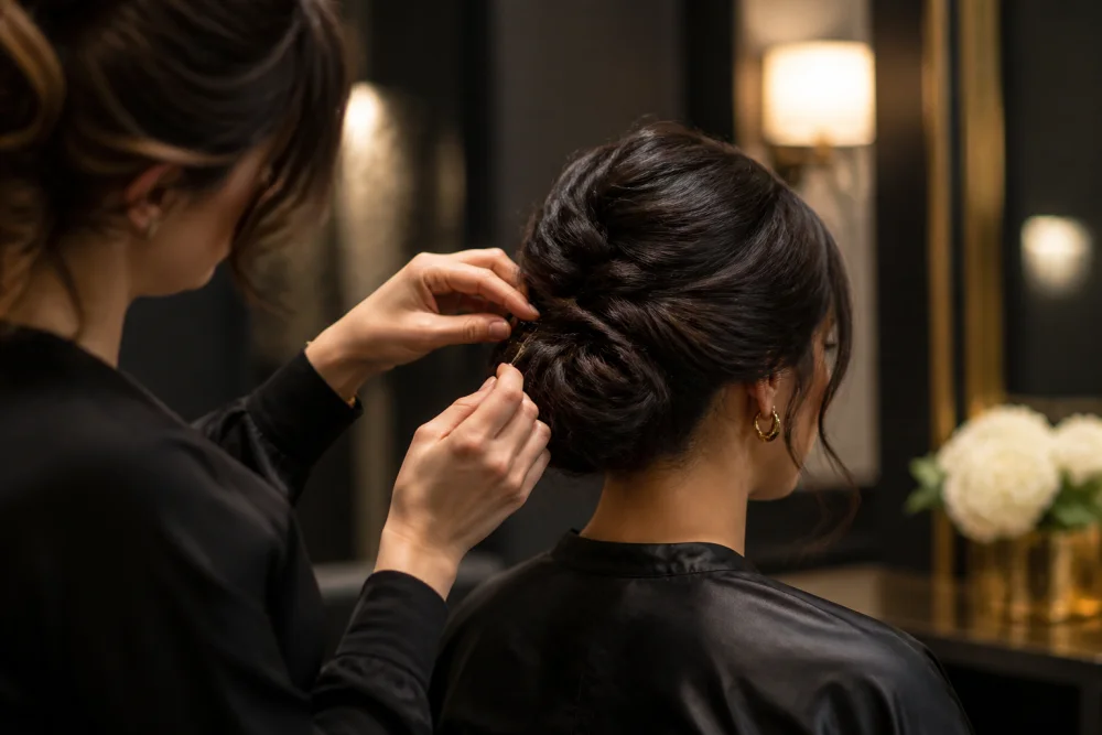 Criação cuidada de um penteado feminino apanhado