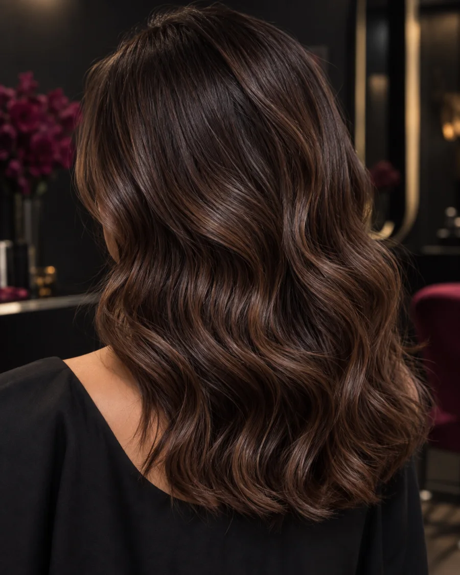 Cabelo castanho finalizado com ondas suaves