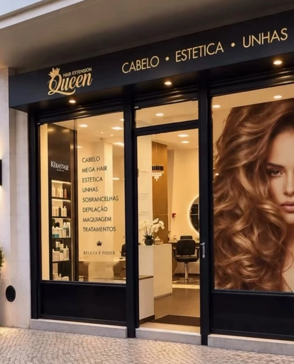 Fachada e interior do espaço Queen Hair em Lisboa